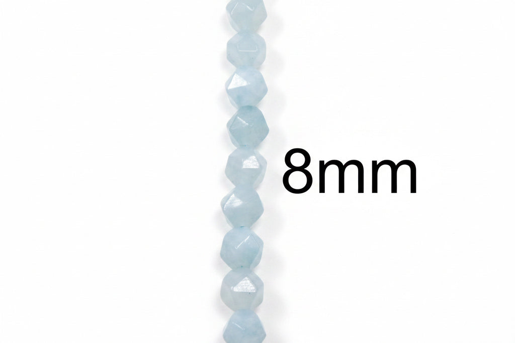 A vertical strand of faceted diamond cut light blue agate beads on a white background, with black text reading '8mm' indicating the bead size.