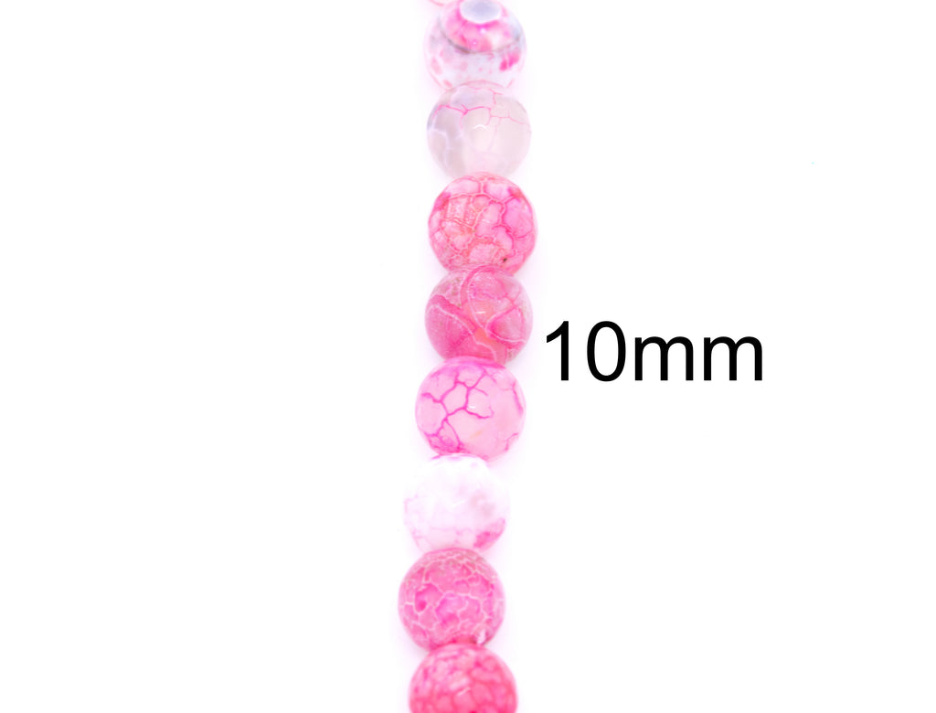 A close-up vertical strand of round pink faceted agate beads  shown against a white background with a black '10mm' size label.