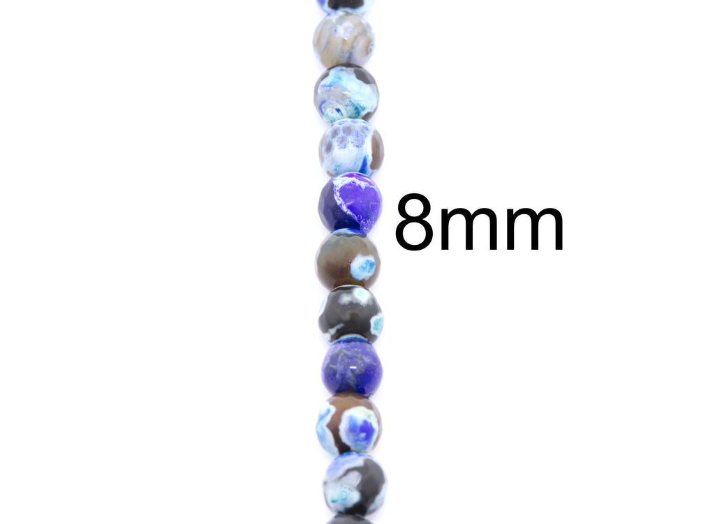 A vertical strand of round faceted agate beads in blue, black and white marbled patterns on a white background, with the text '8mm' printed to the right indicating bead size.