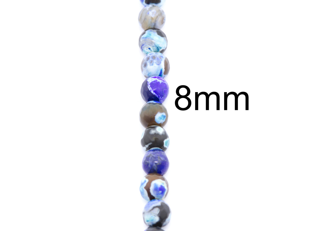 A vertical strand of round faceted agate beads in blue, black and white marbled patterns on a white background, with the text '8mm' printed to the right indicating bead size.