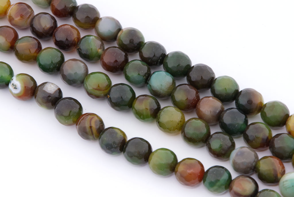 Four strands of polished round faceted agate beads on a white background. The beads feature natural banding with colors of green, brown, orange, and dark gray.