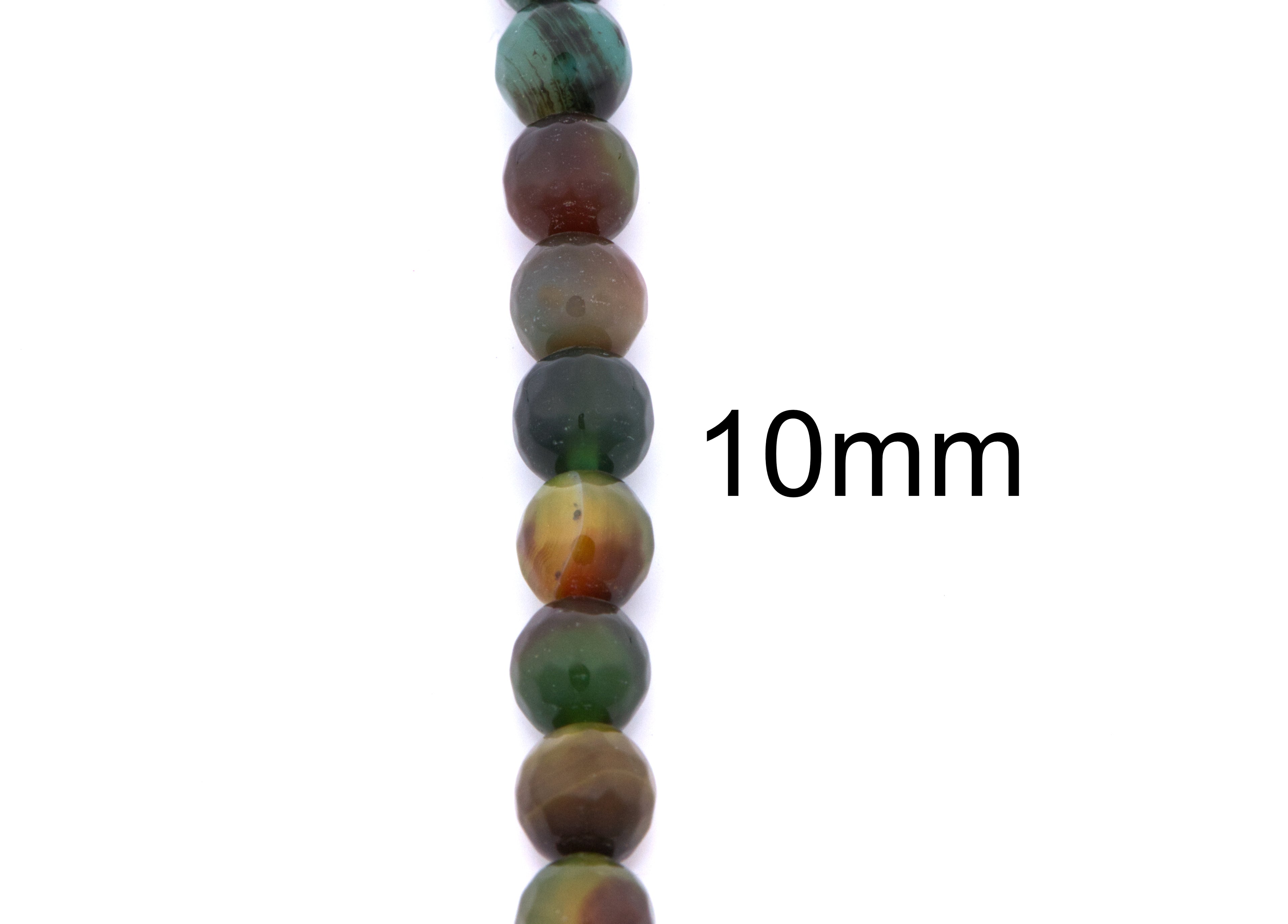 A vertical strand of polished round faceted agate beads in earthy green, brown, and orange tones on a white background, with the text '10mm' printed to the right indicating bead size.