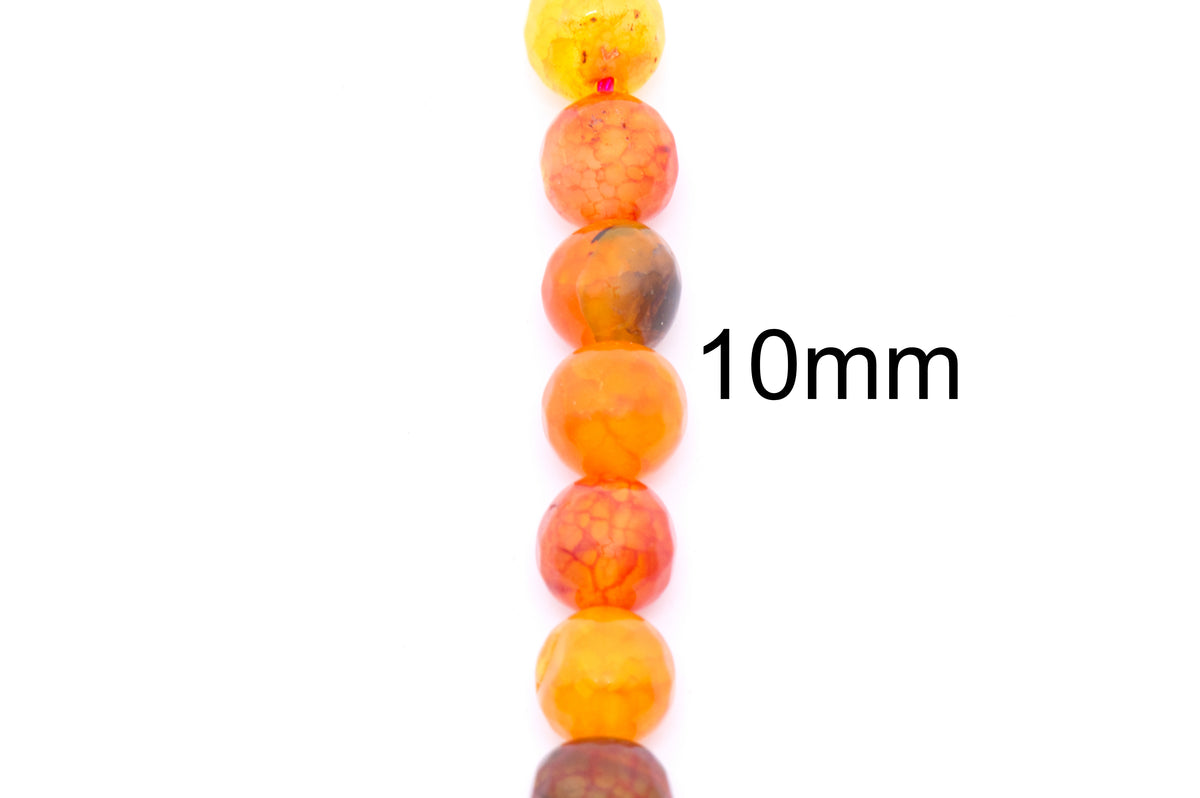 A vertical strand of round orange and yellow faceted agate beads on a white background, with the text '10mm' printed beside them.