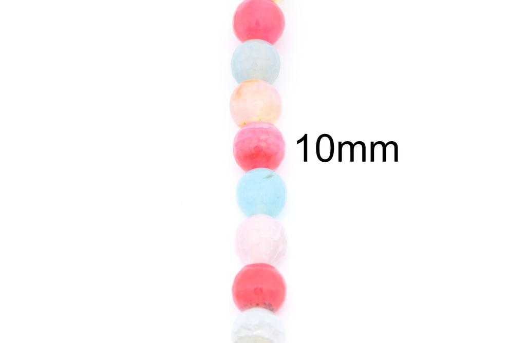 A vertical strand of round faceted agate beads in shades of blue and pink on a white background with a black '10mm' size marker.