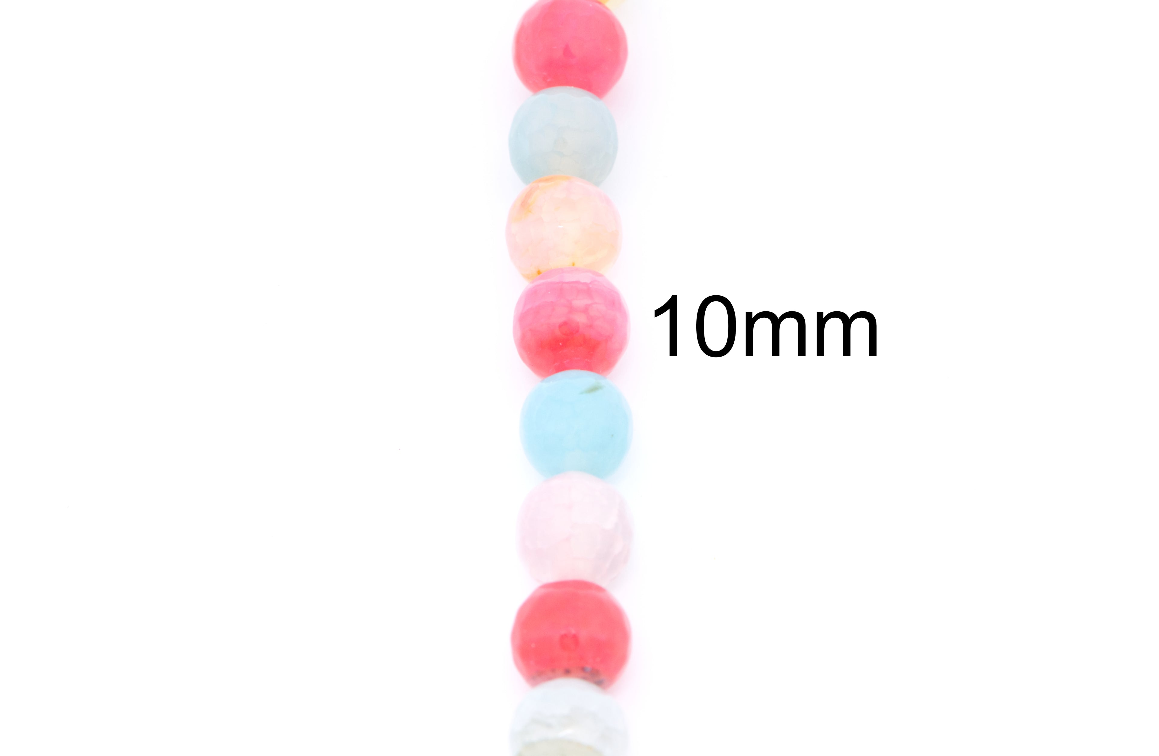A vertical strand of round faceted agate beads in shades of blue and pink on a white background with a black '10mm' size marker.