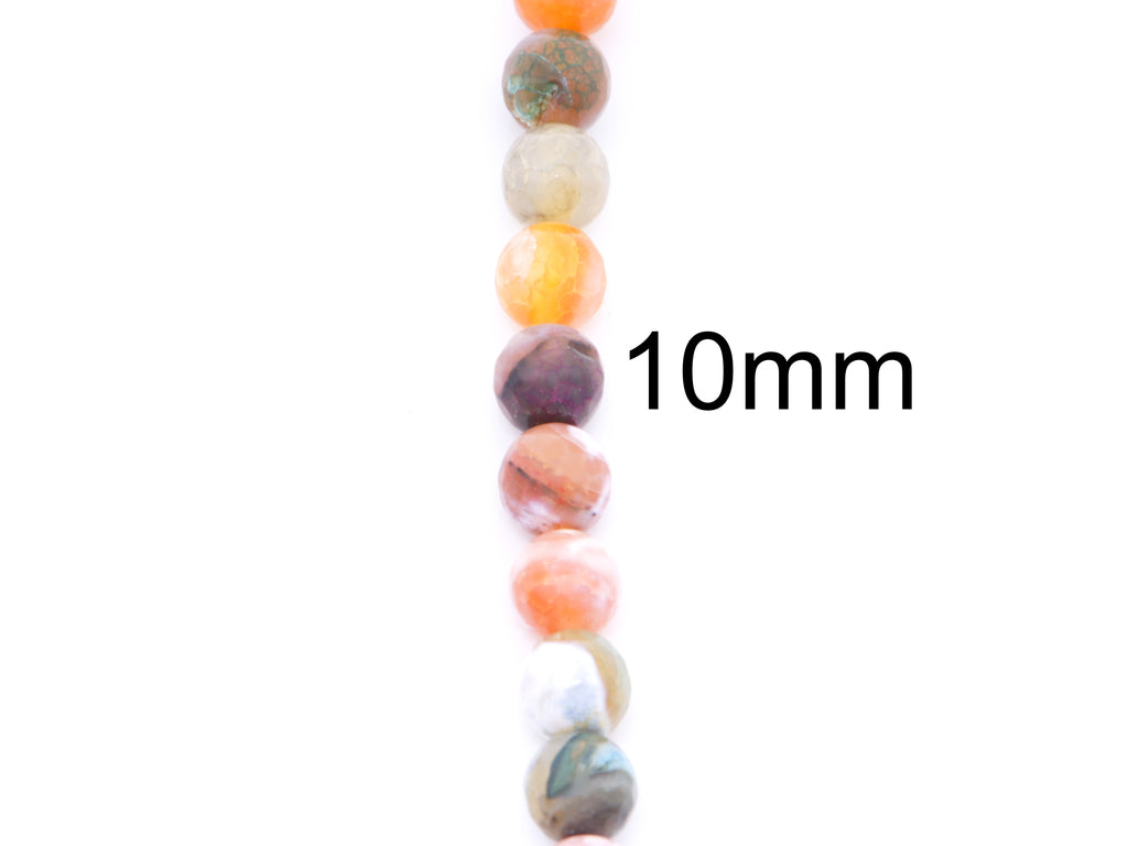 A vertical strand of round gemstone beads in assorted earthy colors on a white background, with the text '10mm' printed to the right indicating bead size.