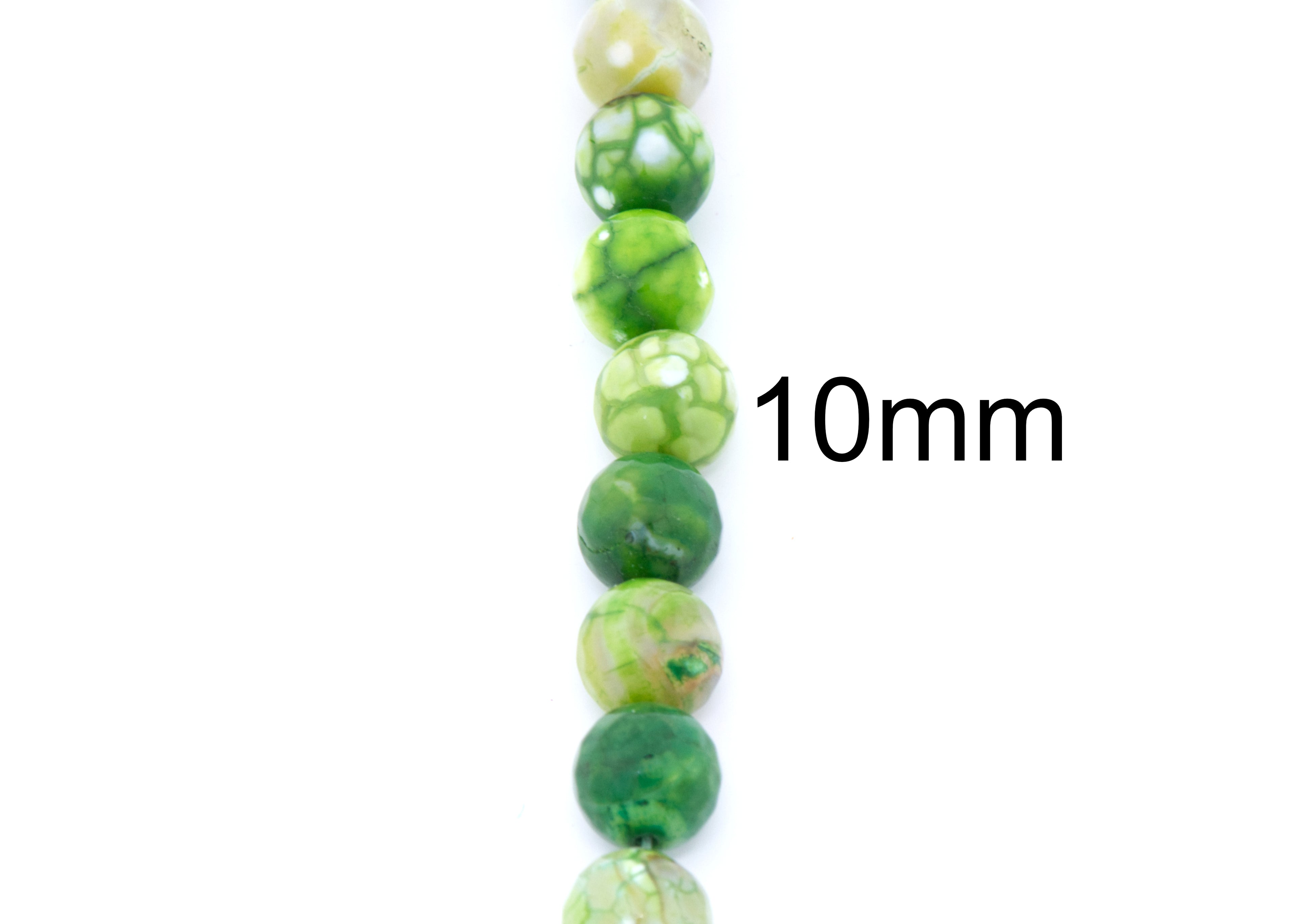 A vertical strand of round faceted agate beads on a white background, with the text '10mm' printed to the right indicating the bead size.