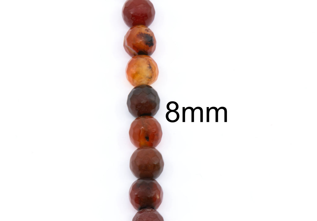 A vertical strand of faceted round beads in earthy red, orange, and dark brown tones on a white background, with the text '8mm' overlaid to indicate bead size.