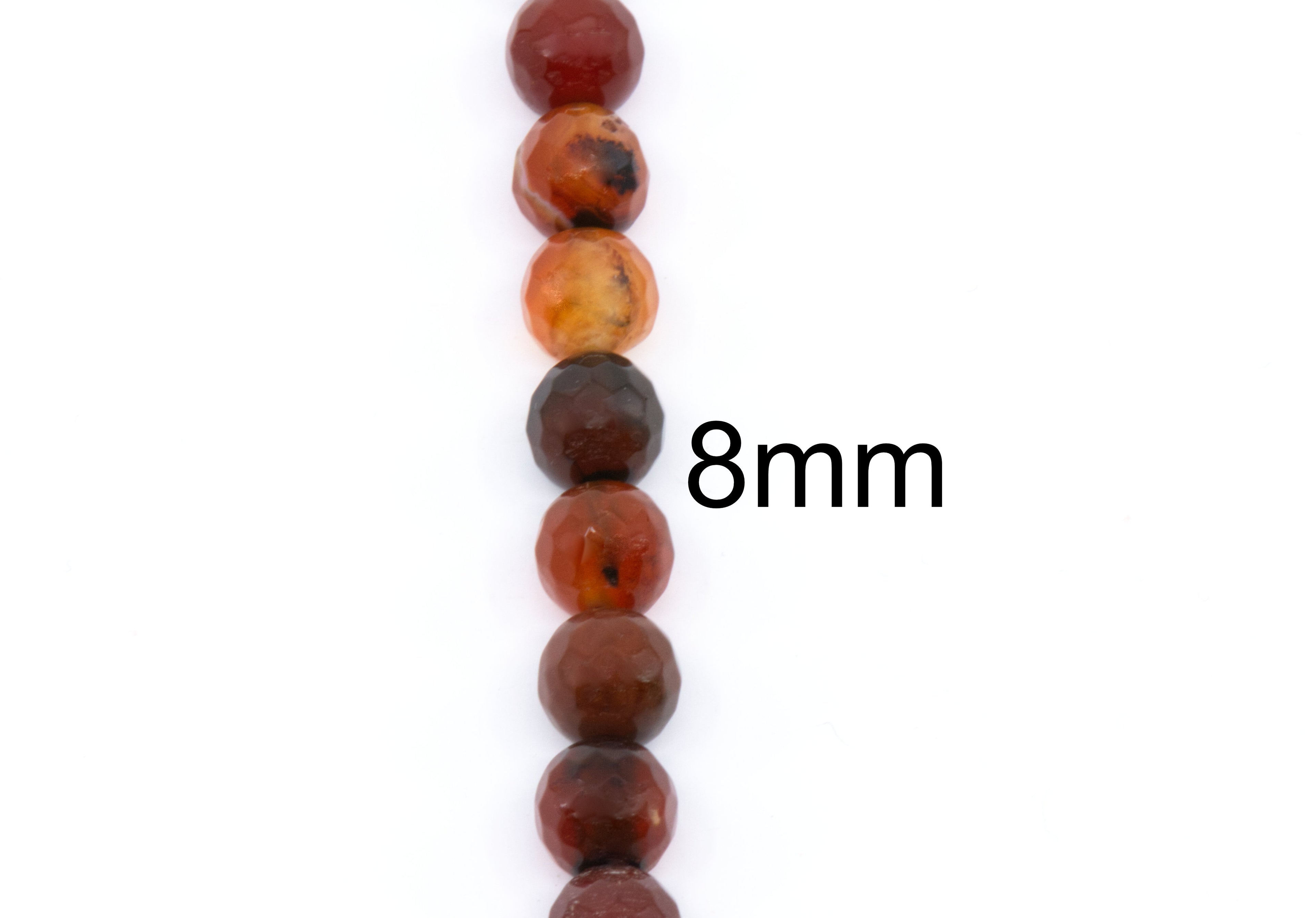 A vertical strand of faceted round beads in earthy red, orange, and dark brown tones on a white background, with the text '8mm' overlaid to indicate bead size.