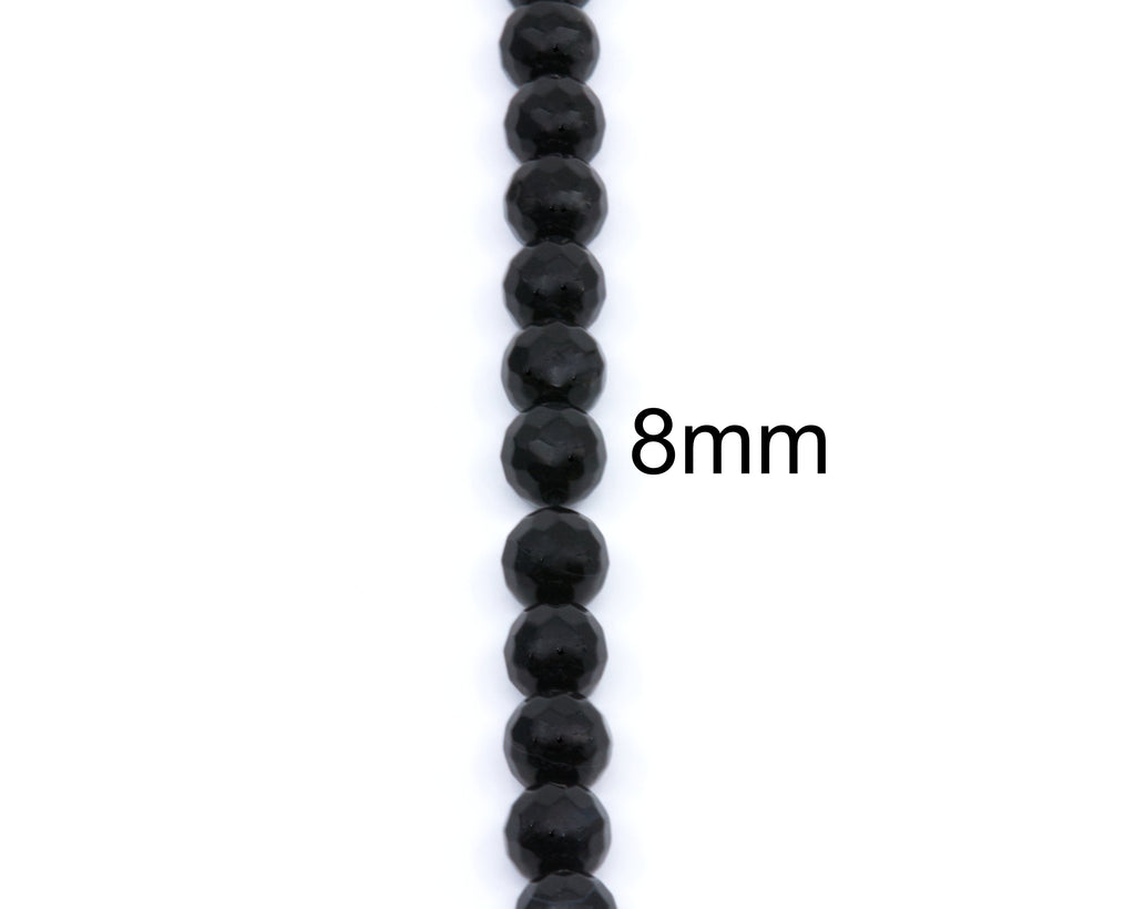 A single strand of faceted black beads shown vertically on a white background, with the text '8mm' overlaid near the center to indicate bead size.