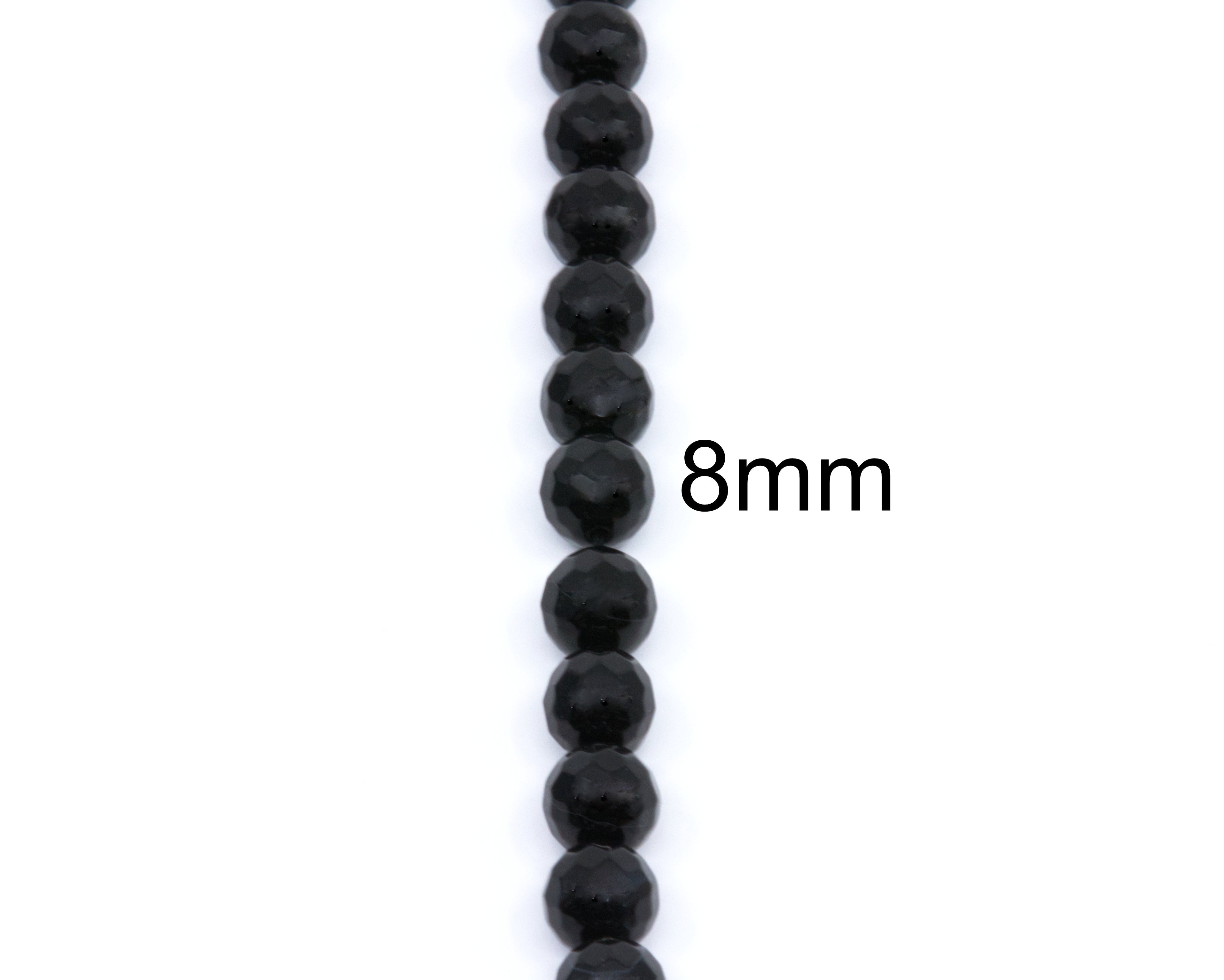A single strand of faceted black beads shown vertically on a white background, with the text '8mm' overlaid near the center to indicate bead size.