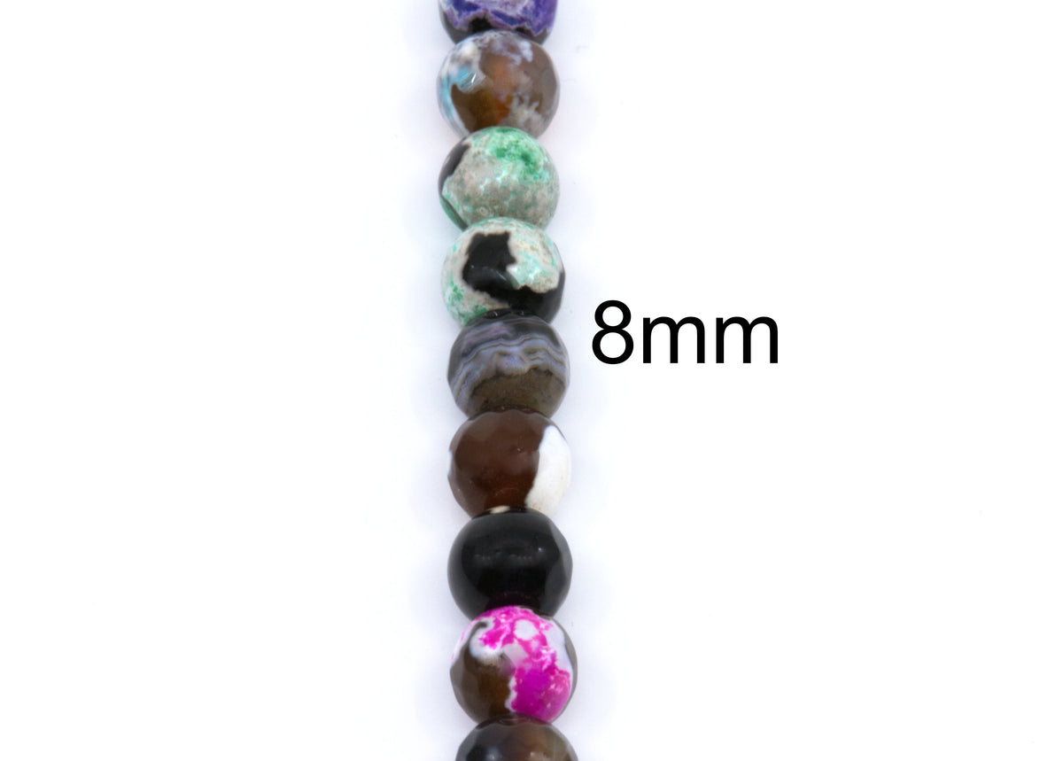 A vertical strand of round gemstone beads in various colors and patterns, including brown, green, black, white, and pink, with a size marker reading '8mm' on a plain white background.