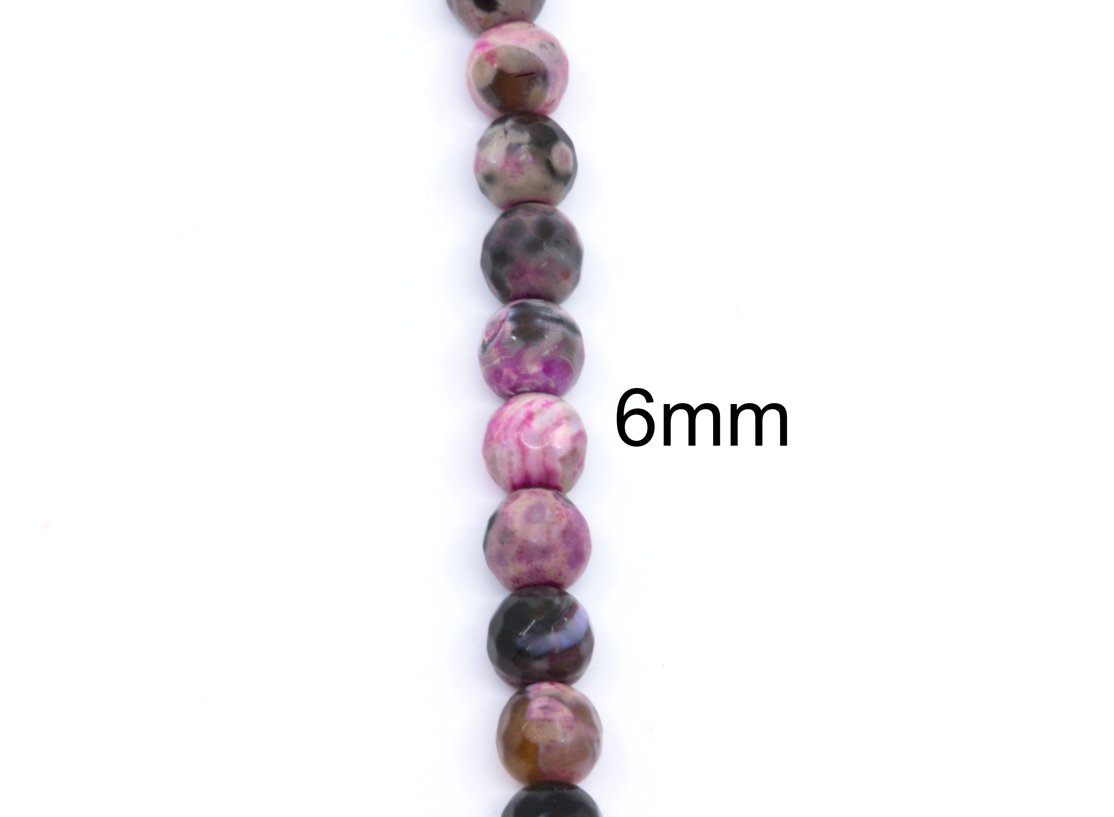 A single strand of round faceted agate beads in pink and black coloring, shown on a white background with a '6mm' size label.