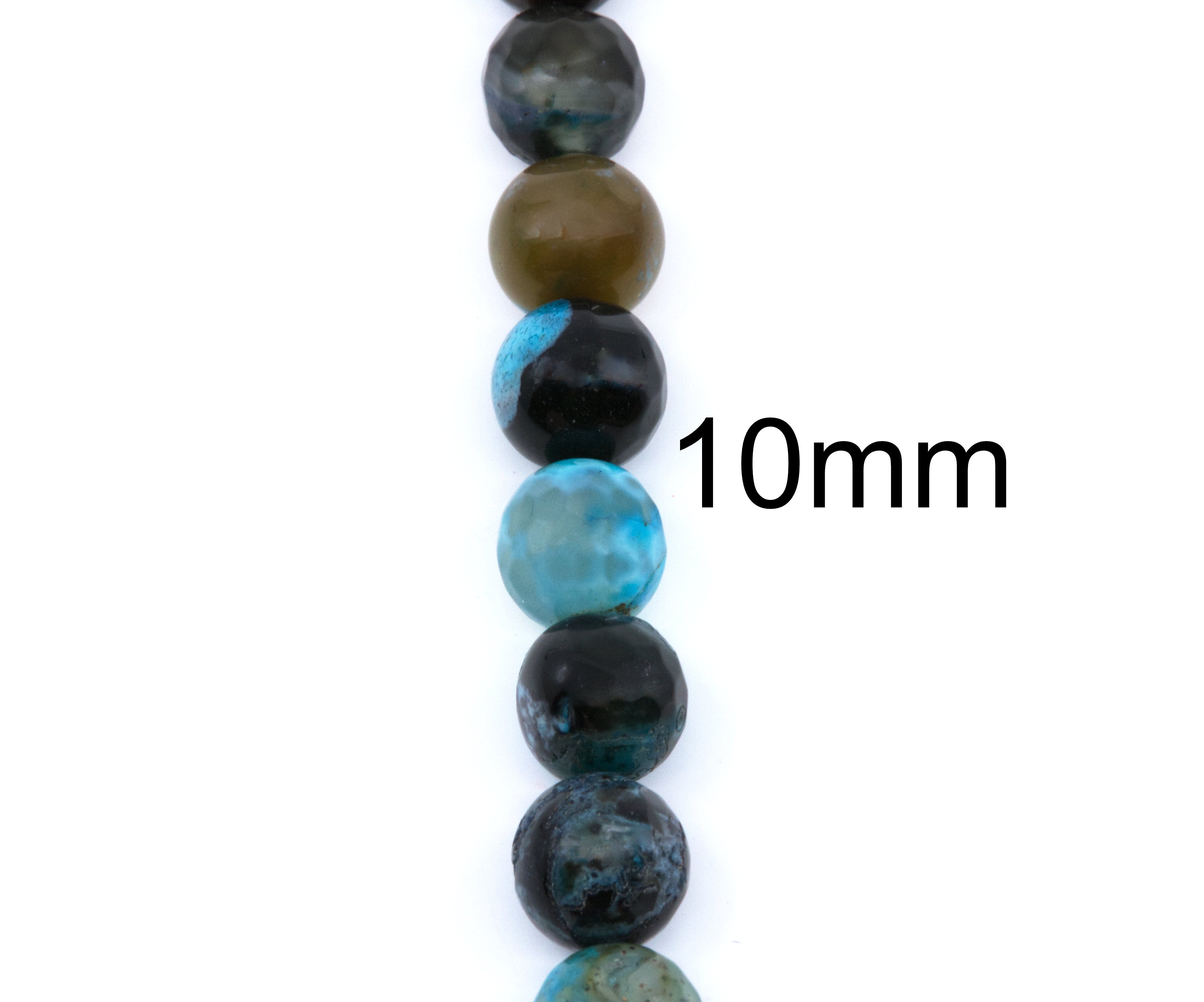 A close-up of a strand of round gemstone beads in various colors, including black, blue, and brown, with a '10mm' size overlay on a plain white background.