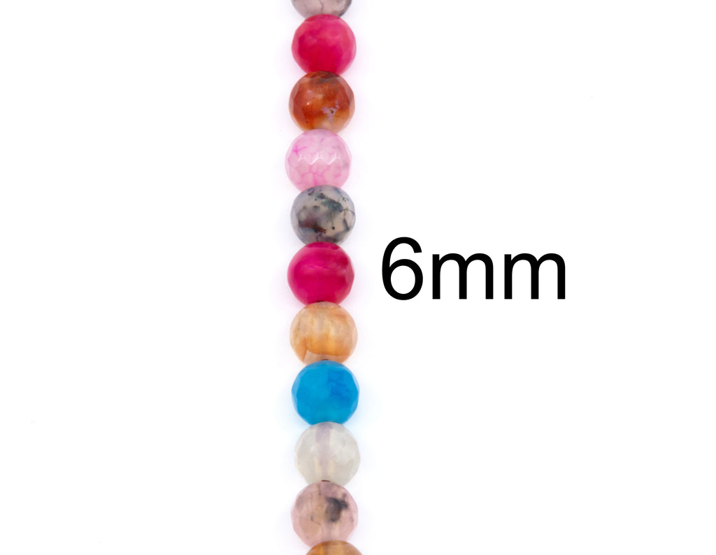 A vertical strand of round, polished agate beads in various colors, including pink, orange, blue, gray, and white, shown next to the text '6mm' on a plain white background.