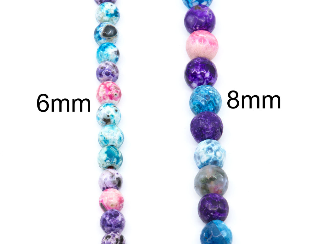 Two strands of faceted agate  beads shown on a white background, labeled 6mm and 8mm. The beads feature a mix of blue, purple, pink, and white colors