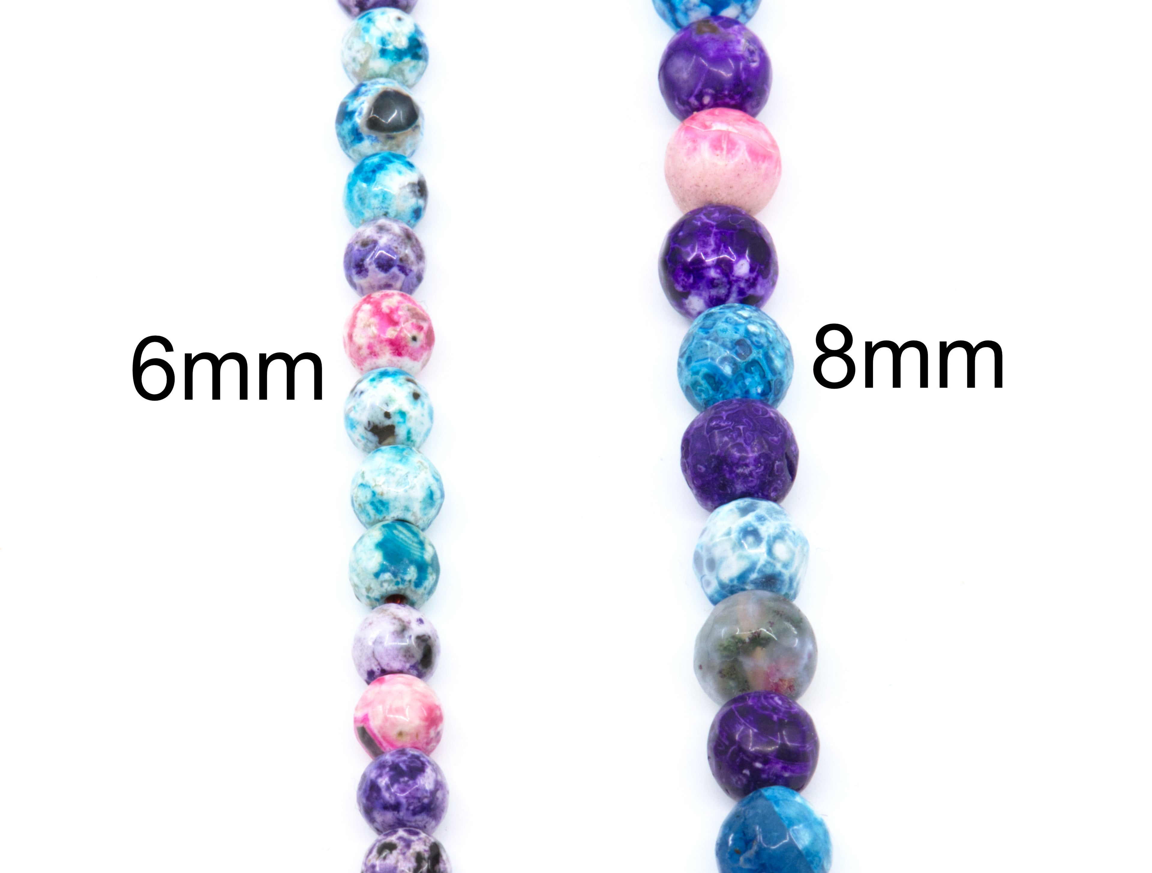 Two strands of faceted agate  beads shown on a white background, labeled 6mm and 8mm. The beads feature a mix of blue, purple, pink, and white colors