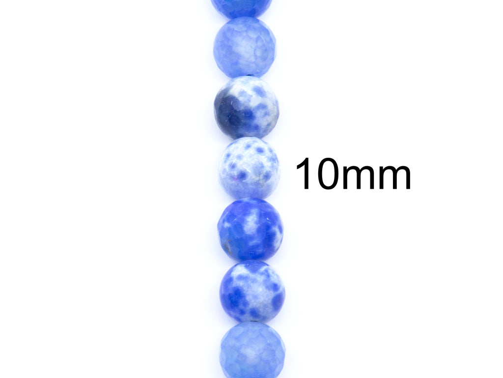 A vertical strand of round blue and white faceted agate beads on a white background, with the text '10mm' printed to the right indicating the bead size.
