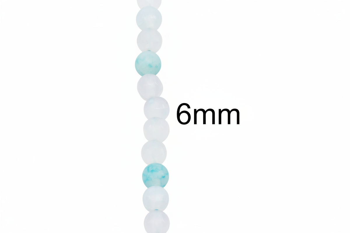 A close-up of a beaded strand with mostly gray round beads and a few light blue marbled beads, shown against a pale gray background with the text '6mm' indicating bead size.
