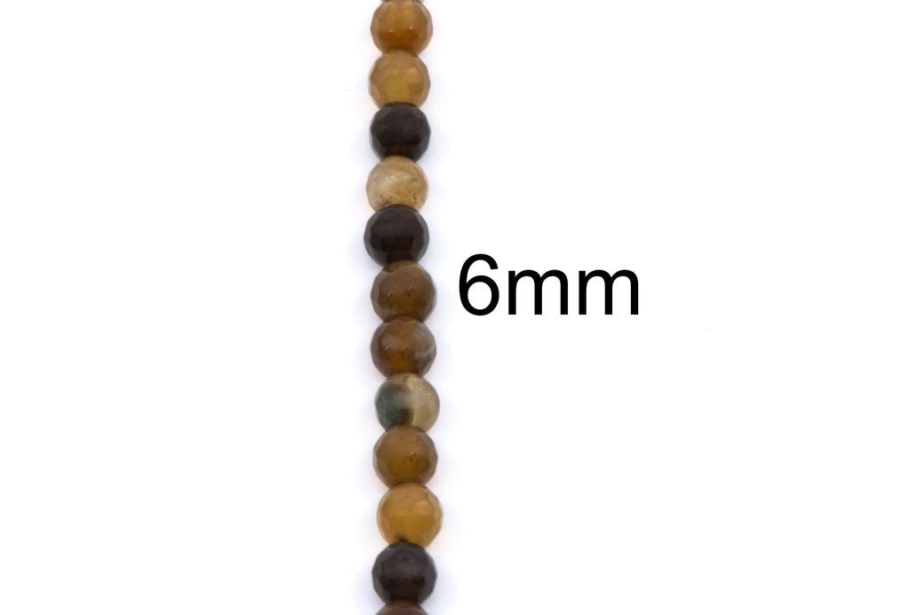 A vertical strand of round gemstone beads in earthy brown, tan, and dark brown tones on a white background, with the text '6mm' printed beside it.