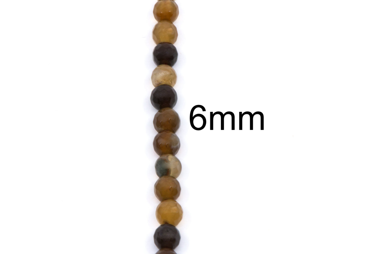 A vertical strand of round gemstone beads in earthy brown, tan, and dark brown tones on a white background, with the text '6mm' printed beside it.