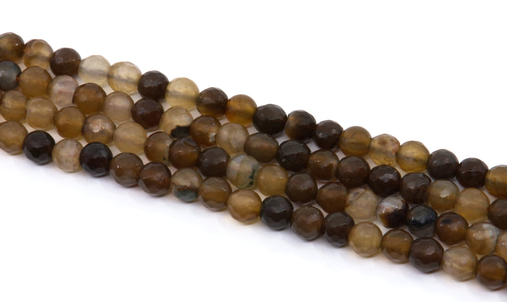 A close-up of multiple strands of faceted round agate beads in earthy brown, tan, and dark brown tones, arranged diagonally on a plain white background.