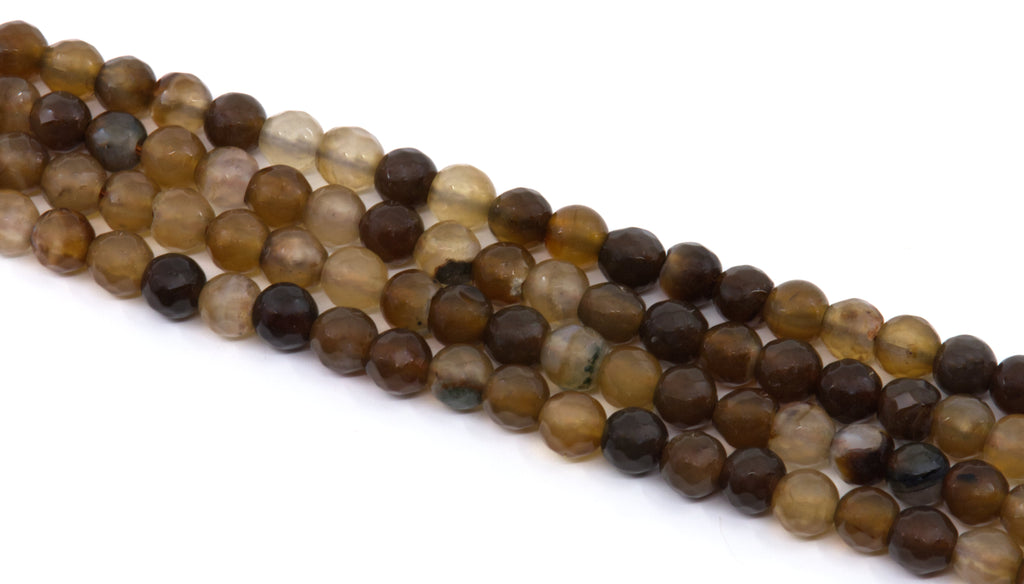 A close-up of multiple strands of faceted round agate beads in earthy brown, tan, and dark brown tones, arranged diagonally on a plain white background.