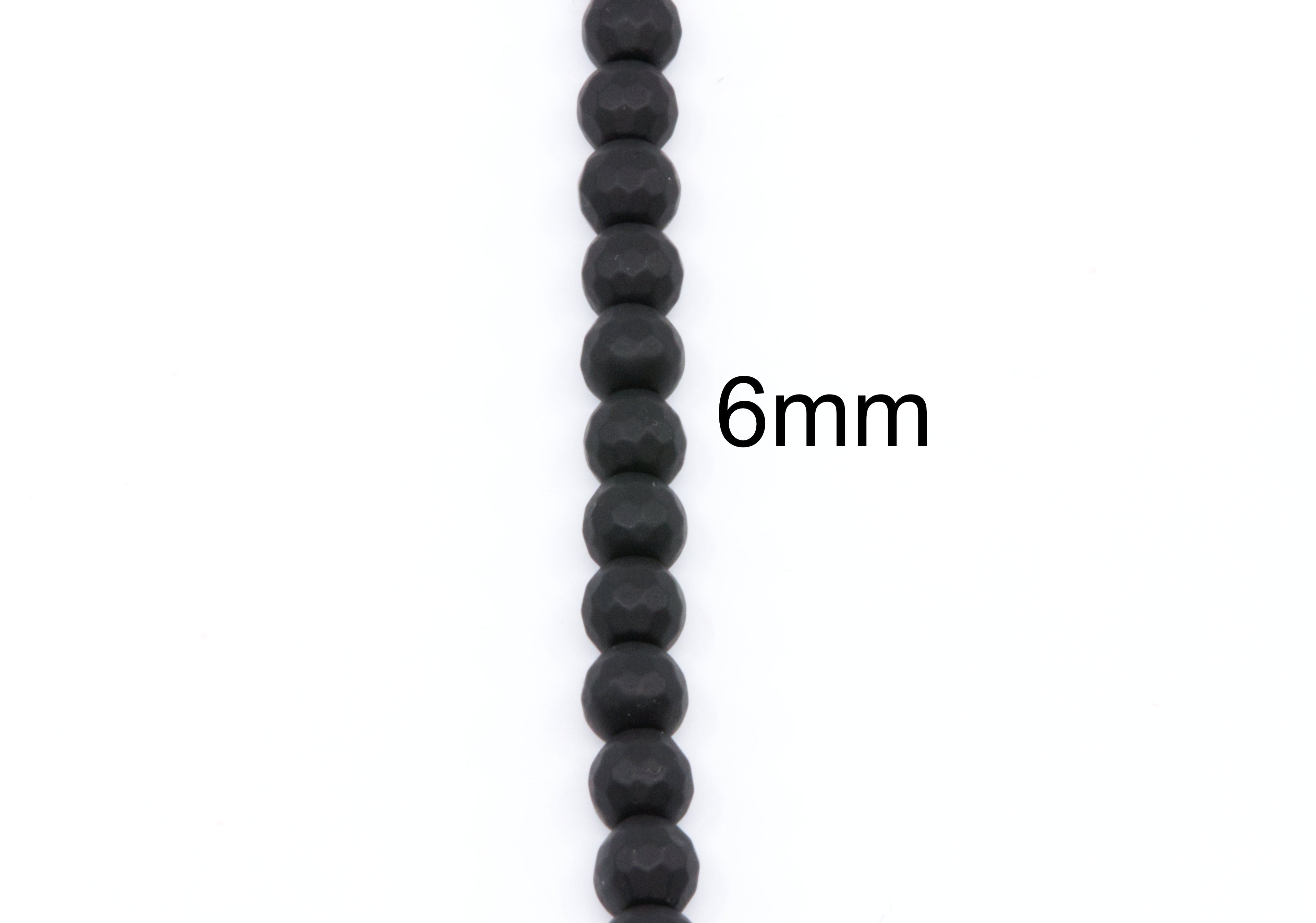 A vertical strand of matte black faceted round agate beads on a white background, with the text '6mm' printed to the right indicating the bead size.
