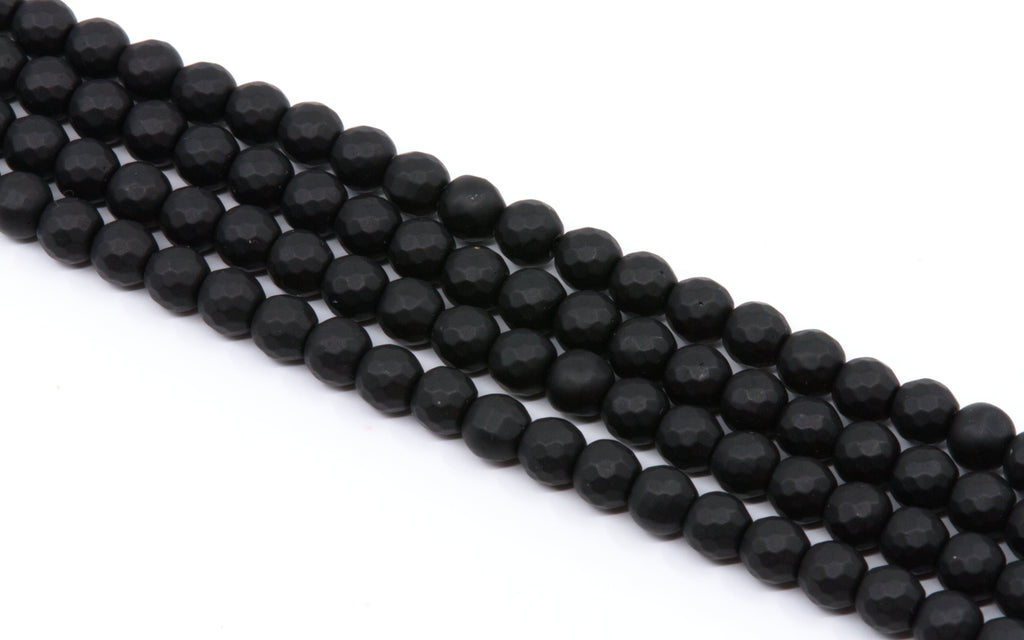 Faceted black round agate beads arranged in four parallel strands on a plain white background.