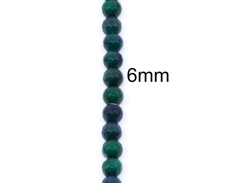 A vertical strand of faceted dark green agate beads on a plain white background, with the text '6mm' overlaid near the center indicating the bead size.