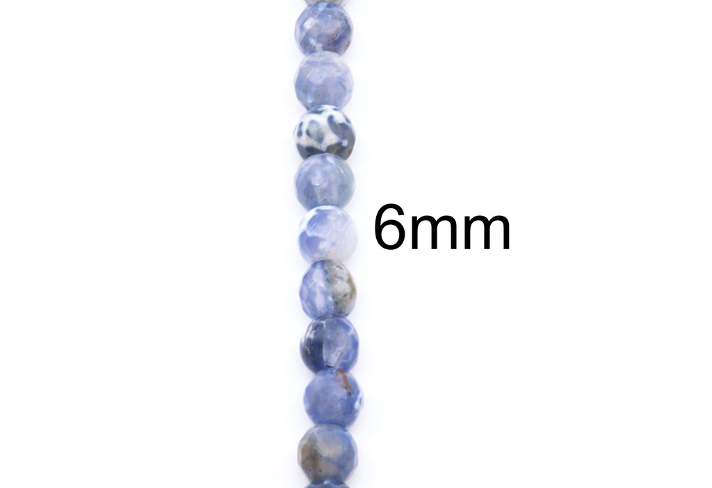 A vertical strand of round, polished blue-gray agate beads on a white background with a '6mm' size label.