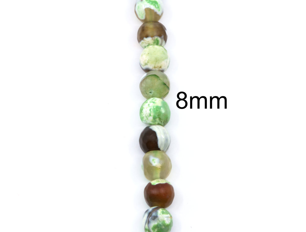 A single strand of 8mm round faceted agate beads on a white background, featuring marbled green, brown, and white agate-like patterns, with '8mm' text overlay.