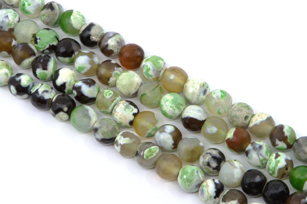 A single strand of 8mm round faceted agate beads on a white background, featuring marbled green, brown, and white agate-like patterns, with '8mm' text overlay.