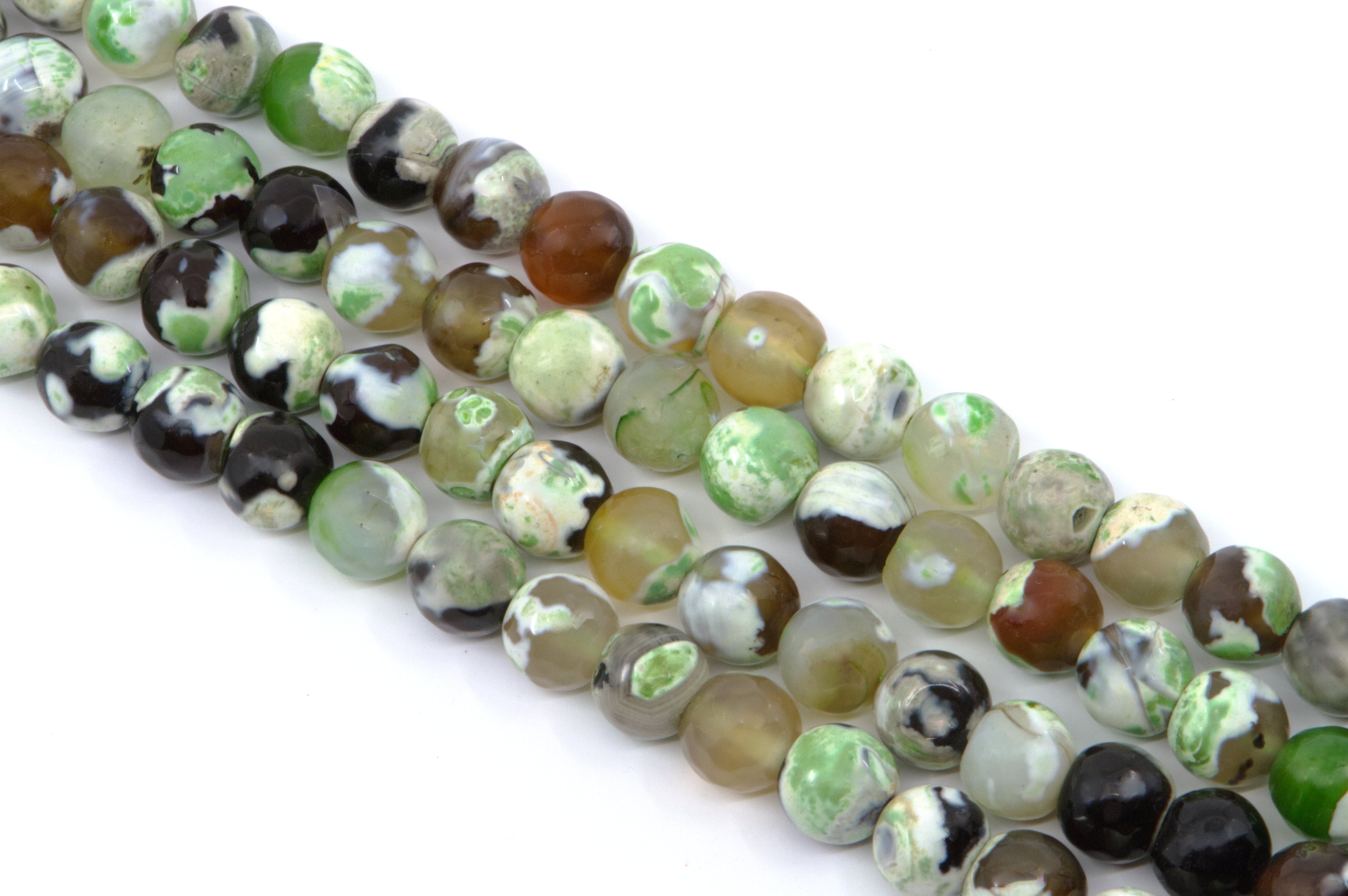A single strand of 8mm round faceted agate beads on a white background, featuring marbled green, brown, and white agate-like patterns, with '8mm' text overlay.