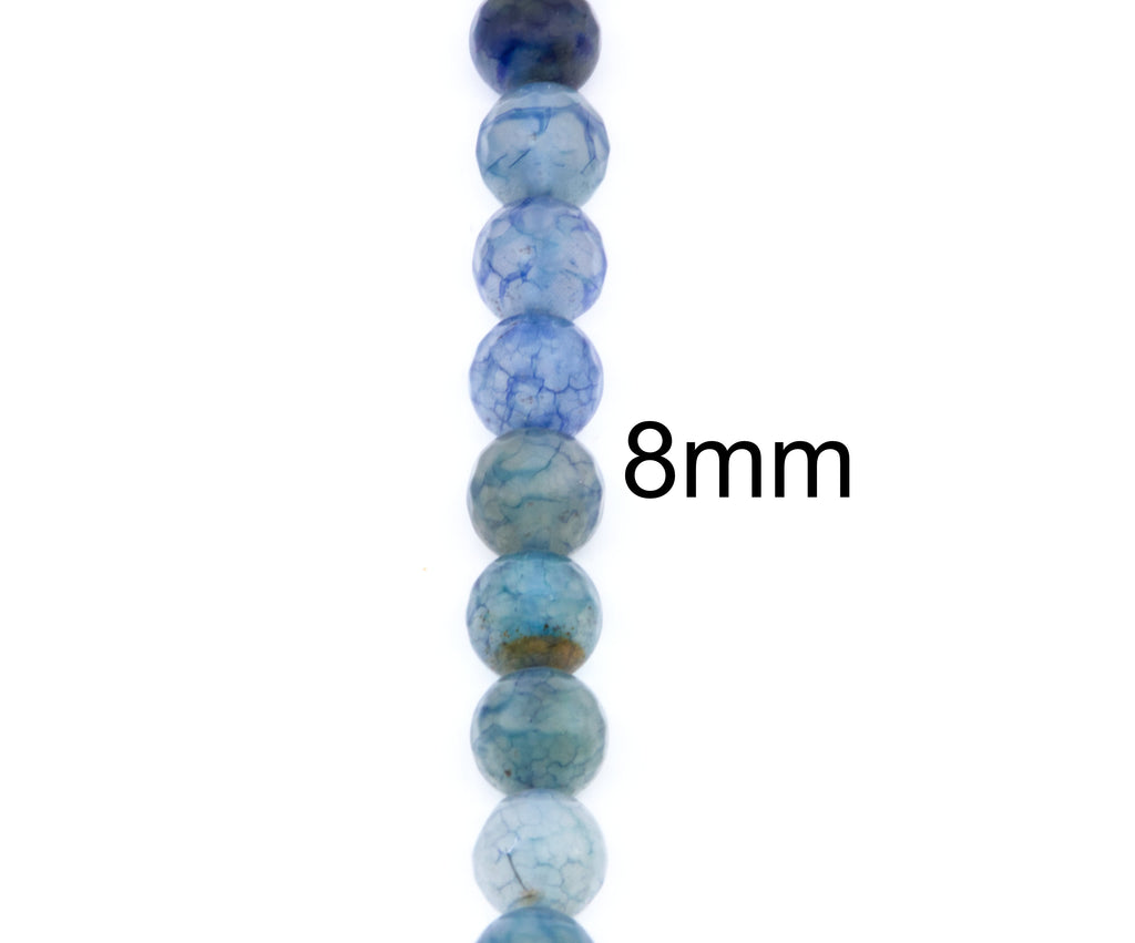 A vertical strand of round blue faceted agate beads on a white background with the text '8mm' printed beside them.