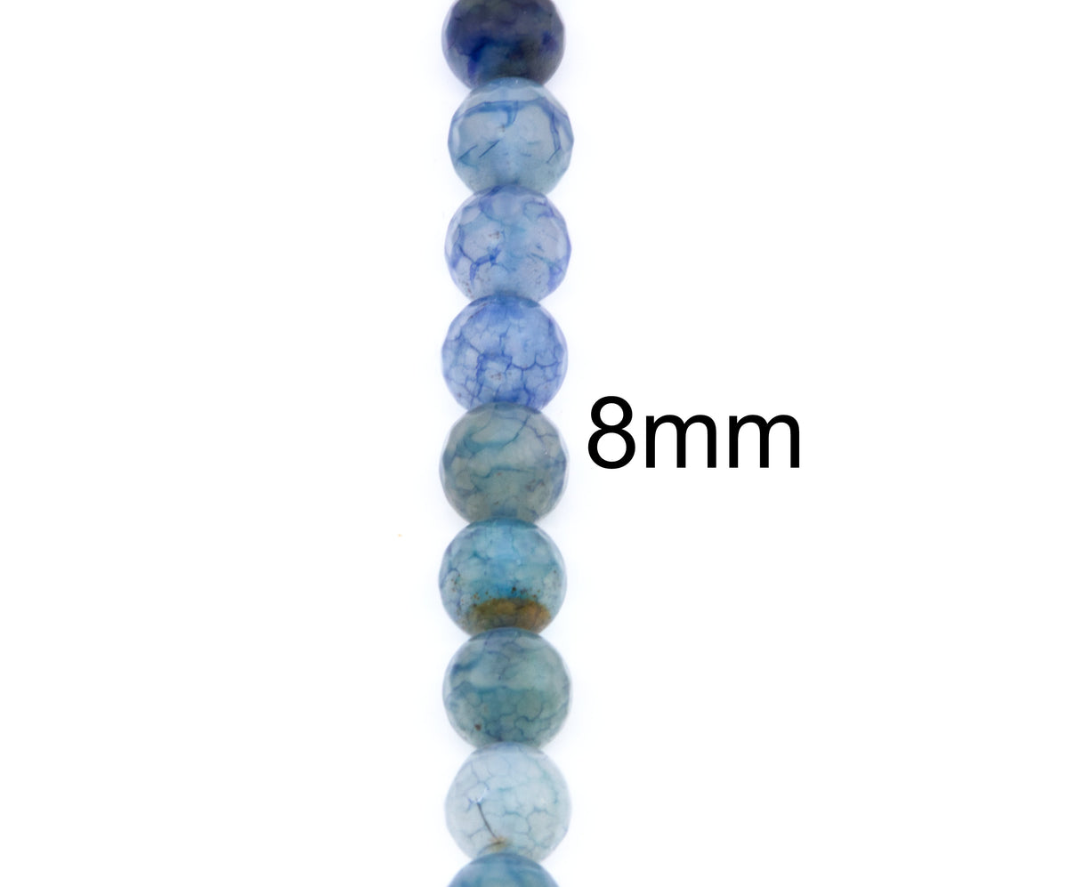 A vertical strand of round blue faceted agate beads on a white background with the text '8mm' printed beside them.