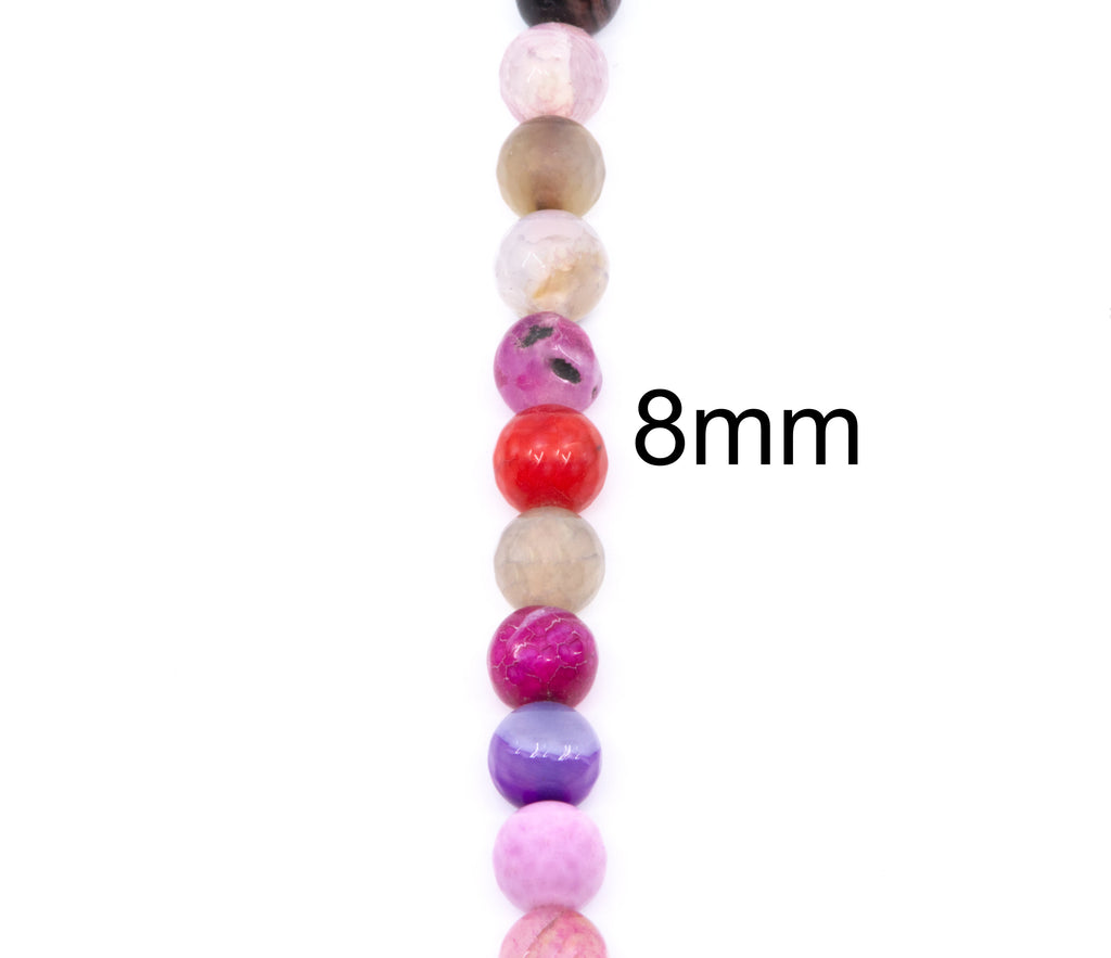 A vertical strand of round, polished gemstone beads in various colors including pink, red, purple, and beige, with a black text overlay reading '8mm' on a plain white background.
