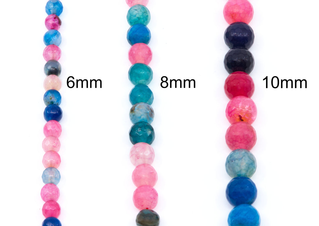 Three strands of round gemstone beads shown on a white background, labeled 6mm, 8mm, and 10mm. The beads are pink, and blue demonstrating how the strand appears at different sizes.