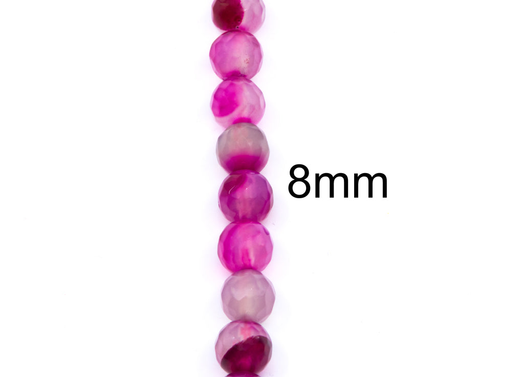 A vertical strand of faceted round beads in shades of pink and magenta on a white background, with the text '8mm' printed to the right indicating the bead size.