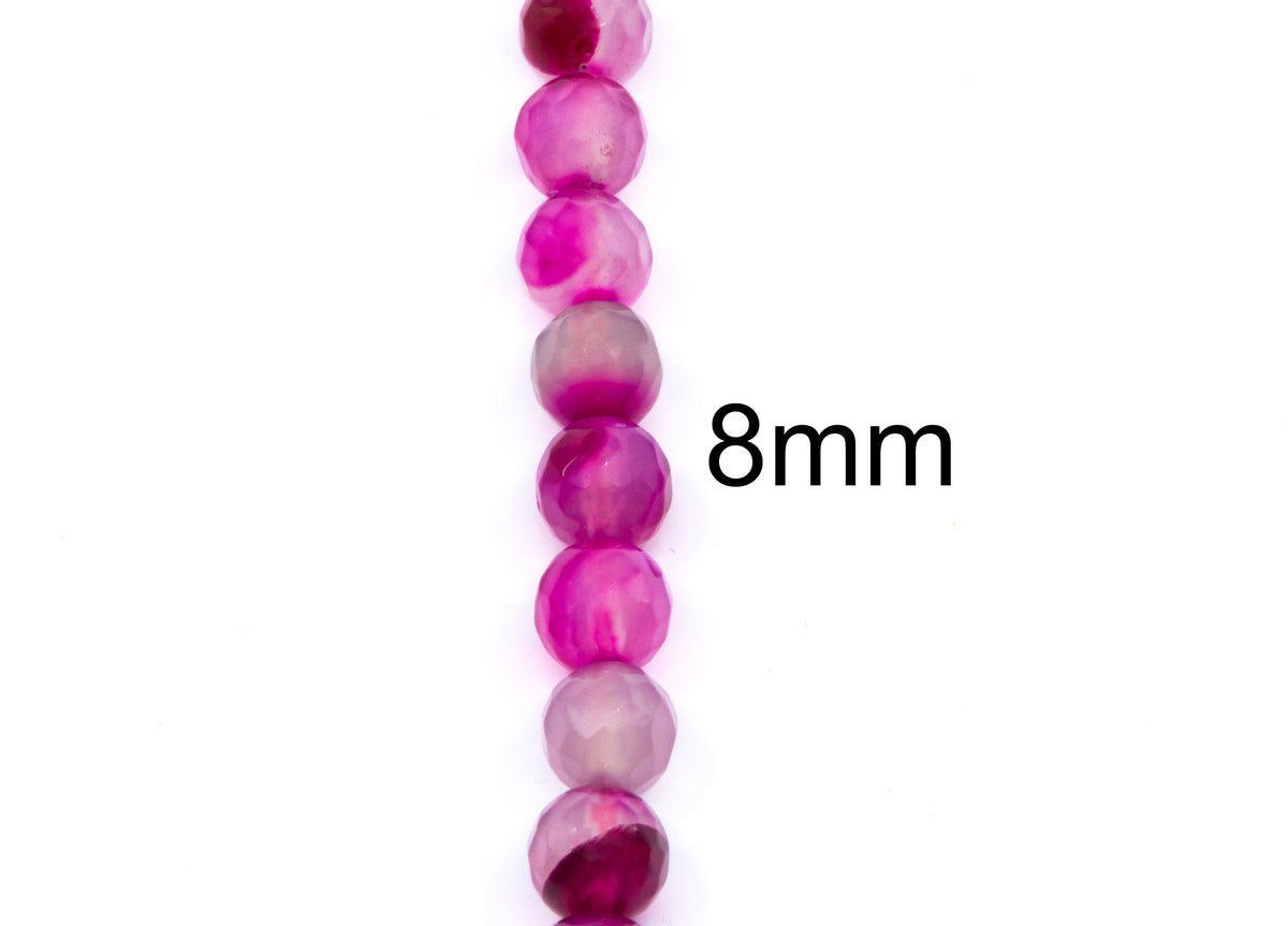 A vertical strand of faceted round beads in shades of pink and magenta on a white background, with the text '8mm' printed to the right indicating the bead size.
