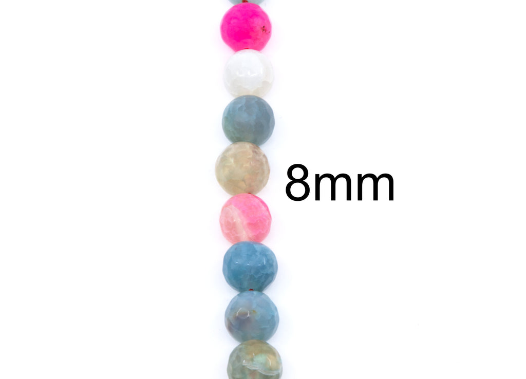A vertical strand of round agate beads in assorted colors, including pink, white, slate blue, and beige, with black text reading '8mm' on a plain white background.