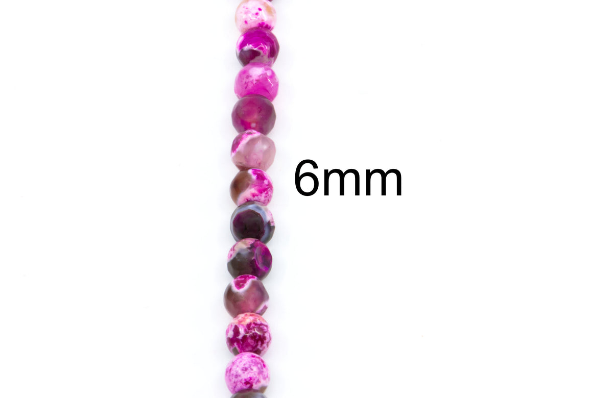 A vertical strand of round gemstone beads in pink, purple, white on a white background, with the text '6mm' printed beside it.