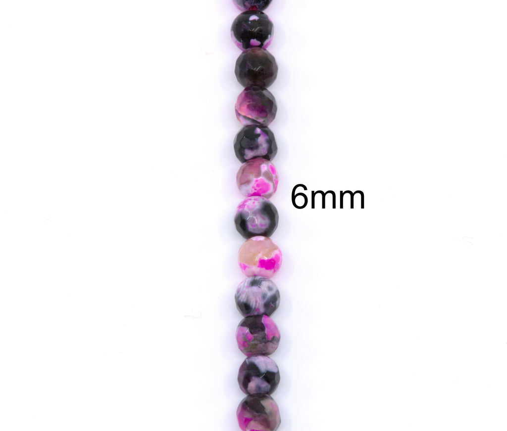 A single strand of faceted round agate beads in black and pink shown vertically on a white background with a '6mm' size label.