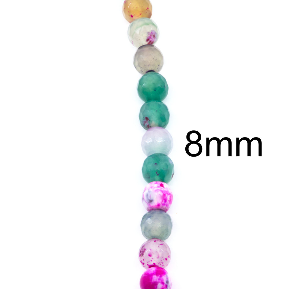 A vertical strand of faceted round beads in assorted colors including green, pink, and white, with a black text overlay reading '8mm' on a plain white background.