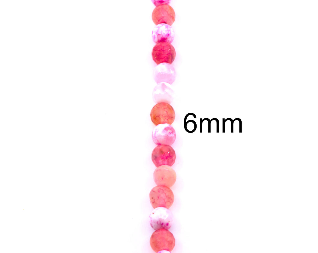 A single strand of faceted round agate beads in shades of pink and red  shown vertically on a plain white background with a '6mm' size label.