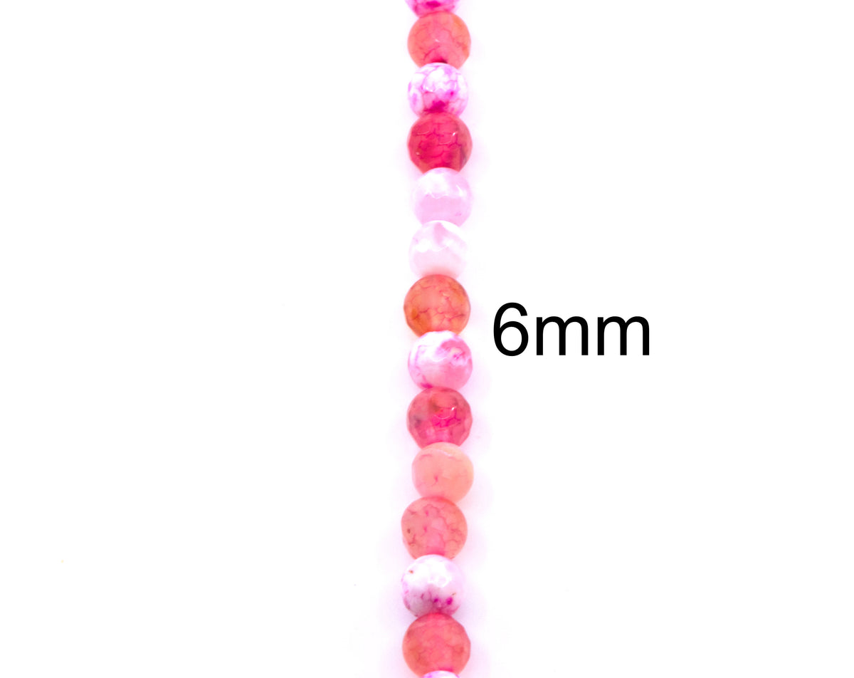 A single strand of faceted round agate beads in shades of pink and red  shown vertically on a plain white background with a '6mm' size label.
