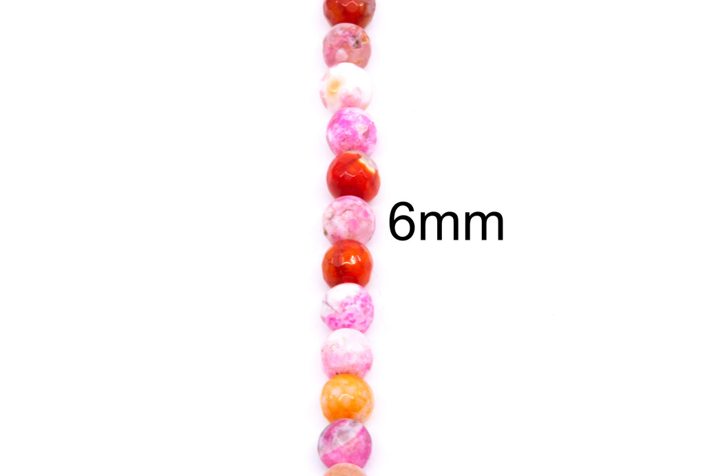 A vertical strand of round faceted agate beads in pink, red, orange, and white, shown on a white background with a '6mm' size label.