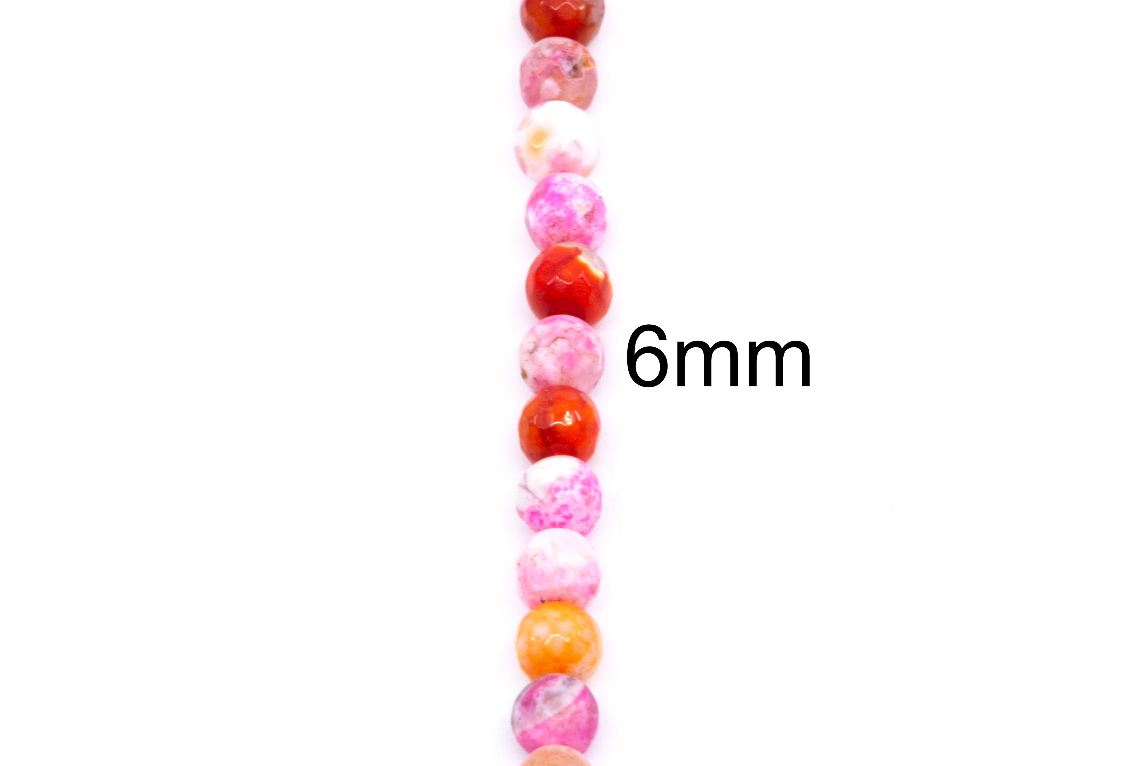 A vertical strand of round faceted agate beads in pink, red, orange, and white, shown on a white background with a '6mm' size label.