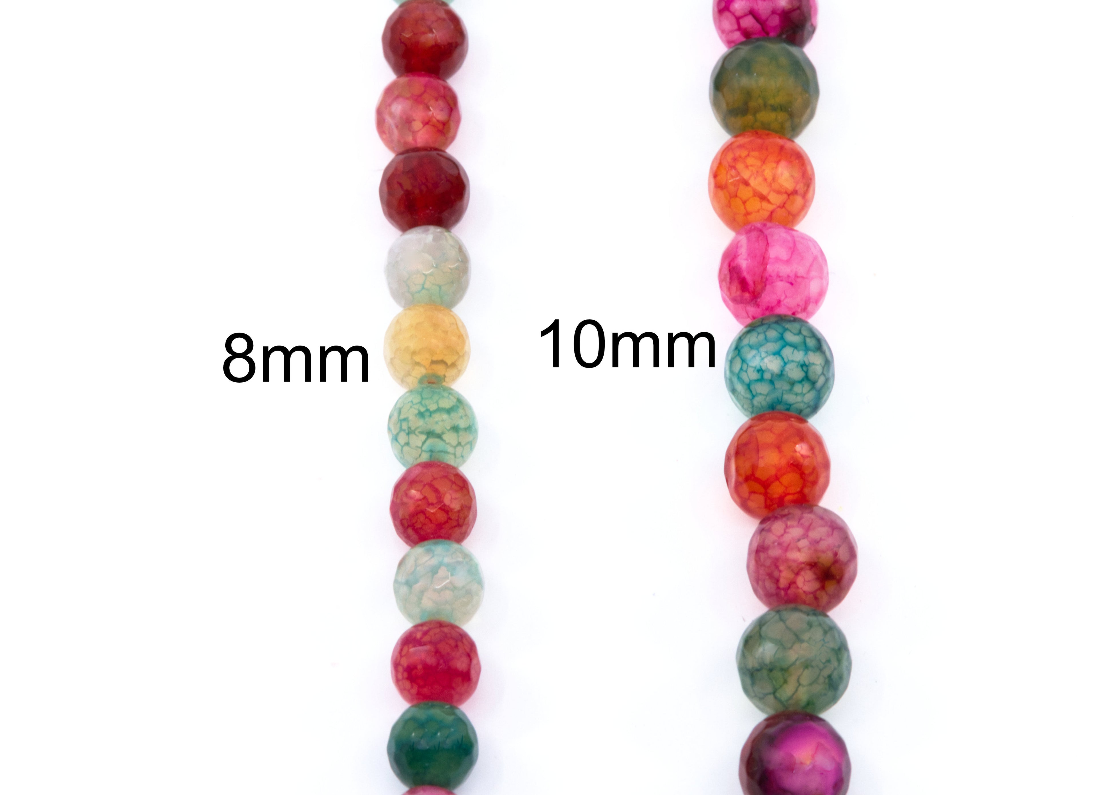 Two strands of round agate beads shown on a white background, labeled 8mm and 10mm. The beads are multicolored with marbled patterns in red, green and pink. labeled 8mm and 10mm to show sizes. 
