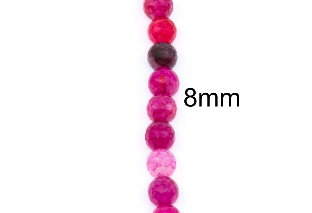 A vertical strand of faceted round beads in shades of pink, magenta, and red shown on a white background with the text '8mm' indicating bead size.